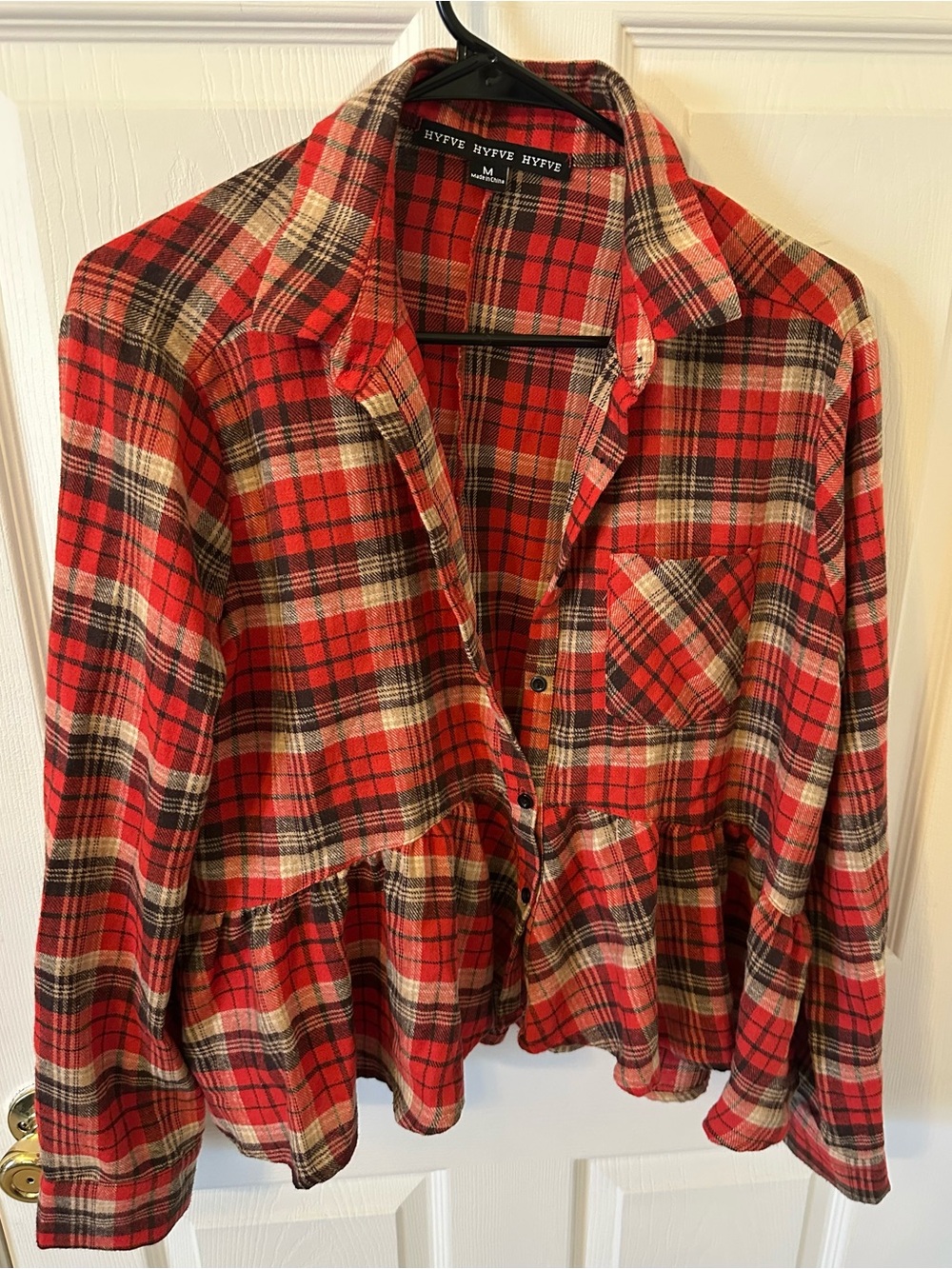 HYFVE Red Plaid Peplum Button-Down Shirt with Black & Cream Checks